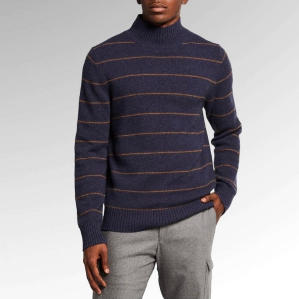 NEW $295 Vince Men’s‎ Wool Blend Striped Turtleneck Sweater Coastal Blue/Tan XL